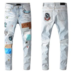 21ss son listeleme tasarımcısı erkek kot pantolon gri adamlar yırtılmış streç denim slim-bleg fit kalça üst motosiklet nakış pantolon w228i