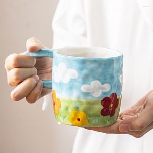 Kubki 400 ml ręcznie malowany ceramiczny duży kubek do kawy z uchwytem w stylu Koreańszy Kwiat Milkowa herbata mikrofalowa Safe