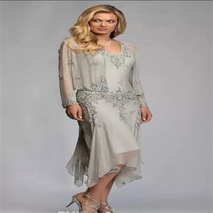 Gorgeous Silver Grey Chiffon Appliques Lace Tea Length Mother Of The Bride Dresses With Jacket Suits Deep V-neck For Weddings294S