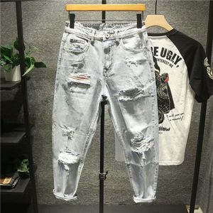 Calças masculinas Jeans rasgados para roupas masculinas vintage Patch Hole Beggar Pants Jean Baggy cor clara anos 90 Streetwear Calças vintage 230720