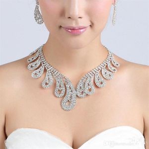 Conjunto de joias de noiva de cristal 2020, colar banhado a prata, brincos de diamante, conjuntos de joias de casamento para damas de honra femininas nupcial ac295a