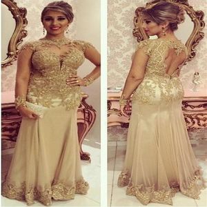 Amazing Gold Long Sleeves Mother of the Bride Groom Dresses Applique Lace Plus size Keyhole Back Party Evening prom Dress2374