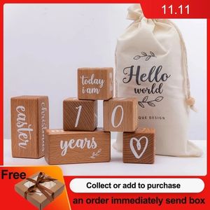 Keepsakes 6pcs/1Set Baby Month Milestone Card Beech Block Square Engraved born Birth Month Birthday Milestones Block Pography Props 230720