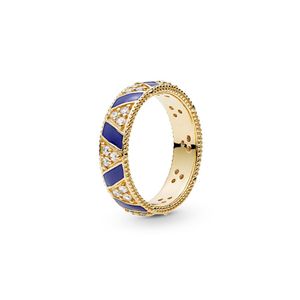 NUOVO anello placcato oro giallo 18 carati set scatola originale per Pandora argento 925 strisce blu pietre anello donna gioielli regalo uomo RING174B