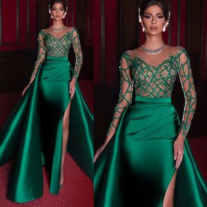 Emerald Green Mermaid Evening Dress With Detachable Train Elegant Satin High Split Full Sleeves Party Gowns2960