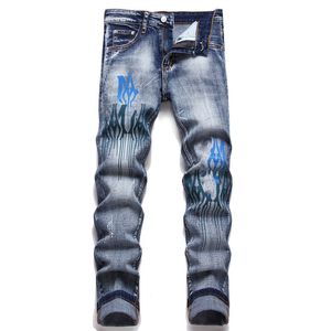 Mens jeans Distressed Motorcycle biker jean Snake embroidery Rock Skinny Slim Ripped hole stripe Fashionable embroidery Denim pants