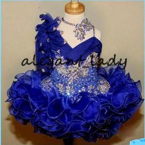 귀여운 여자 Glitz Pageant Dreesses Royal Blue Lace Flower Girl Dresses Hand Made Flower Beads Crystals Toddler Pageant Dresse285Y