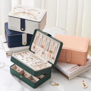 Smycken påsar arrangör Box Pink Green White Blue Girls Travel Case 2 Lager Läder smycken förvaring halsband örhängen ringer