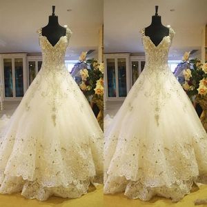 Luxury Off Shoulder Long Train Wedding Dresses Lace Applique Church Crystal Beaded Bling Bridal Wedding Gowns302n