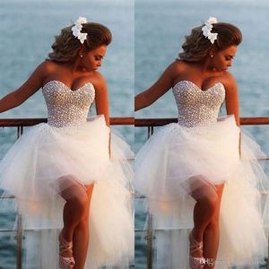 2019 Sexy Beach Suknie ślubne kochanie Pełne perły Top Diamenty High Low Tiul Bridal Suknie Bohemian plus size ślubne 244J