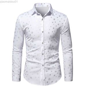 Men's Casual Shirts Mens Casual Long Sleeve Button Down Dress Shirts 2023 Shiny White Snowflake Print Christmas Shirt Men Xmas Party Prom Shirt Male L230721