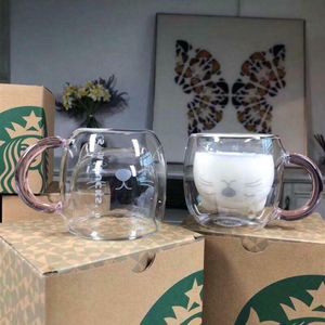 Sommaren ny Starbucks Taiwan Little Cat Transparent Glass Cup rosa handtag Dubbel glas kaffemjölk mugg 250 ml299g