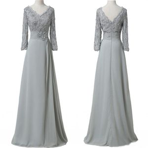 Sexy Sliver Lace Mother of the bride Groom Dresses with Long Sleeves Sequin V neck Chiffon Plus size Formal Evening Party Gowns G1317K