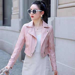 Women's Leather Women Short Faux Pu Coat Spring Korean Lapel Streetwear Biker Jacket Slim Long Sleeve Female Pink Black