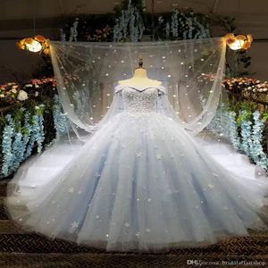 2021 skräddarsydd Askepott Bollklänning Bröllopsklänningar Lätt himmelblå 3D Applique Princess Bridal klänningar med långa wraps Sweet Weddi262T