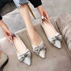 Dress Shoes sexy lace bow flat shoes woman shallow mouth mixed color knitted flats pointed toe soft bottom OL shoes woman loafers big size43 L230721