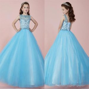 2021 Light Sky Blue Lovely Long Girl's Pageant Dresses Sheer Crew Neck Beaded Crystals Corset Back Tulle Princess Flower Girl294d