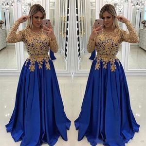 2019 Długie rękawy sukienki wieczorne złote aplikacje Kościa królewska niebieska długie sukienki na bal maturalne formalne suknie206k