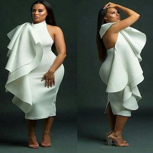 Nigeriansk elegant speciell vit korta cocktailklänningar rufsar rygglösa kvällsfestklänningar tillbaka slits prom klänningar arabiska afrikan281j