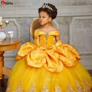 2022 Cristalli di pizzo giallo Flower Girl Dresses Bateau Balll Gown Little Girl Wedding economici Comunione Abiti da spettacolo WJY591281Z