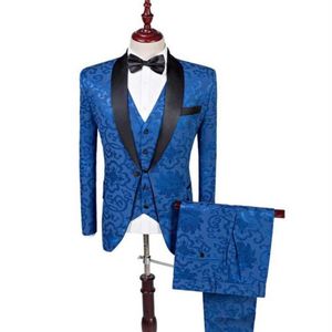 Jacquard Groom Tuxedos Royal Blue Mens Wedding Tuxedos Black Shawl Lapel Man Jacket Blazer Men 3ピーススーツジャケットパンツベストTie2753