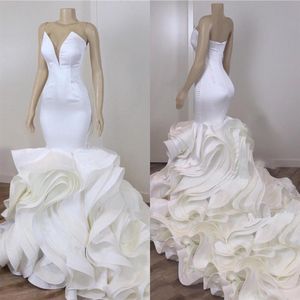 Lyx sjöjungfru bröllopsklänningar sexig backless älskling lång tåg brud bröllopsklänningar med kaskadande ruffles organza kjol255n