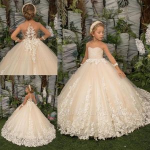 2022 Girls Glitz Pageant Dresses Brush Cute Toddler Ball Gown Beads Crystals Flowers Feather Pearls Applique Flower Girl Dress BC1311a