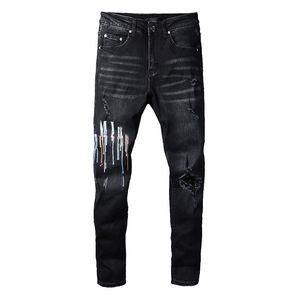 Designer jeans män brev märke vit svart rock väckelsbyxor biker byxor man pant trasig hål broderi storlek 28-40 kvalitet topp