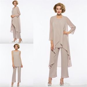 Plus Size Mother Of The Bride Pant Suit 3 Piece Chiffon for Beach Wedding Mother's Party Dresses Long Sleeves Cheap Formal Ev230H