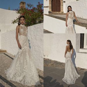 Lian Rokman Mermaid 2020 Wedding Dresses Appliqued Lace Halter Neck Bridal Gowns Sweep Train Backless Robe De Mariee340h