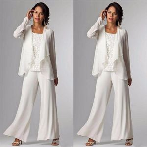 2022 Elegant Evening Mother of The Bride Dresses Suits Ankle Length Long Sleeve Jackets Lace Pant Suits for Women Mother Groom Plu279u