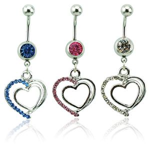 Body Piercing Fashion Belly Button Rings 316L Rostfritt stål Skivstång dinglar Rhinestone Double Heart Navel Rings smycken329L