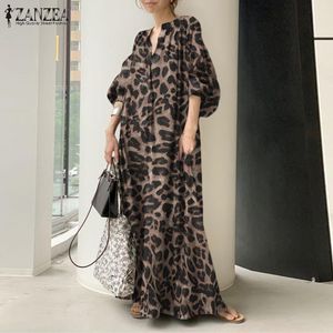 Grundläggande casual klänningar mode tryckt maxi klänning kvinnor leopard sundress zanzea vår puff hylsa lång vestidos kvinna v nackrock överdimensionerad 230720