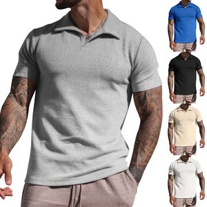 Herrpolos sommarpolo hals t-shirt mans våffla lös kort ärm solid casual v-ringning tees