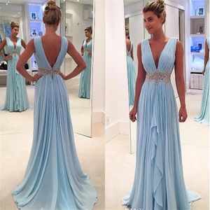 2019 Light Sky Blue Evening Dress Deep V Neck Long Formal Holiday Celebrity Wear Prom Party Gown Custom Made Plus Size180T