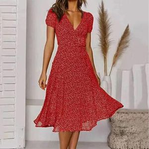 Basic Casual Dresses Boho Print Dress for Women Elegant V Neck Short Sleeve Belt Large Hem Long 2023 Summer Skirt Vintage Beach Party Maxi Dres 230720