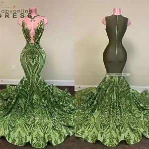Sparkly Sequin Olive Green Mermaid African Prom Dresses Black Girls Long Graduation Dress Plus Size Formal Evening Gowns DHL192F