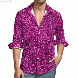 Camisas masculinas casuais com estampa de lantejoulas rosa camisa casual estética camisa masculina com textura brilhante blusas da moda outono manga comprida blusas grandes personalizadas L230721