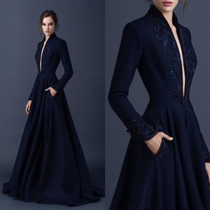 Abiti da sera in raso blu navy Ricami Abiti Paolo Sebastian Abiti da cerimonia con perline su misura Abiti da cerimonia con scollo a V 287O