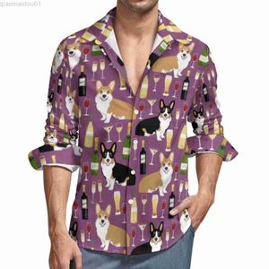 Męskie koszule w winach koszulka wina Corgi Dog Print Casualne koszule długie rękaw