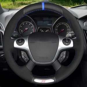 Car Steering Wheel Cover Hand-stitched Soft Black Genuine Leather Suede For Ford Focus 3 ST 2012 2013 20142870