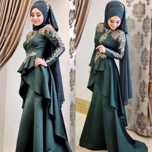 2019 Arabiska muslimska formella klänningar kväll med peplum applikation långa ärmar prom klänningar sjöjungfru party klänningar286t