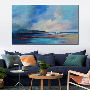 Ultramarine Sky and Sea Handmade Abstract Oil Painting on Canvas with Textured for Living Room Wall Art