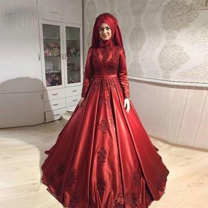 Dark Red High Neck A-Line Muslim Evening Dresses Long Sleeve Prom Dresses Appliques Islamic Dubai Saudi Arabic Formal Party Gowns222S