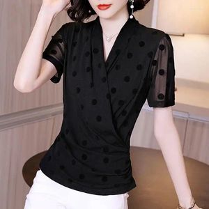 Women's T Shirts Clothing 2023 V-neck Sexy Vintage Simplicity Elegant Fashion Slim Casual Summer Thin Pleated Printing Net Yarn T-Shirts