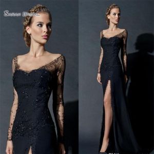 2021 Черные высокие сплит -оболочки вечерние платья с длинные рукава кружев