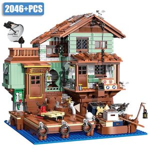 Action Toy Figures City 20 pcs Old Fisherman s Wharf Mini Size Building Blocks MOC Wooden House Fisherman Cabin Bricks Toys For Children Gifts 230721