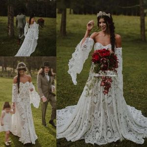 Vintage Crochet Lace Boho Wedding Gowns with Long Sleeve 2021 Off Shoulder Countryside Bohemian Celtic Hippie Bride Dresses Robe342B