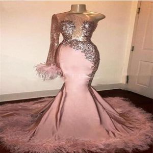 Glitter Sequin Long Sleeve Mermaid Pink Black Girl Prom Dress with Feathers Train One Shoulder African Formal Prom Gowns vestidos 2873