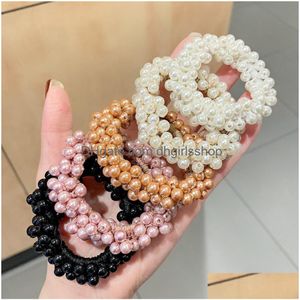 Pony Tails Holder Women Crystal Pearls Hair Rope Handmade Elastic Beaded Ponytail Holders Ties For Girls Hairs Accessories Drop Deli Dhqek